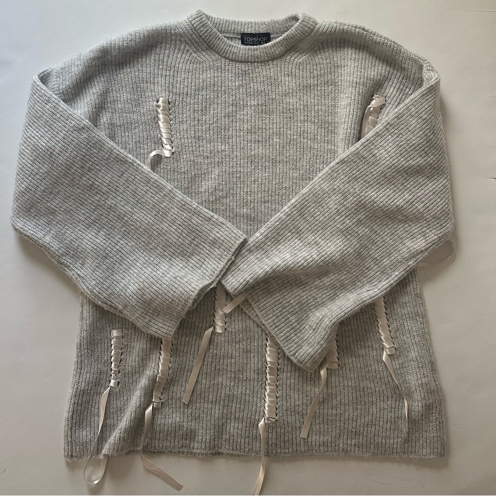 TOPSHOP Women’s Heather Gray Ribbed Ribbon Detail Sweater - Picture 2 of 6